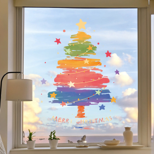 圣诞节装饰品树静电贴膜玻璃门贴纸氛围场景布置窗户窗花橱窗贴画