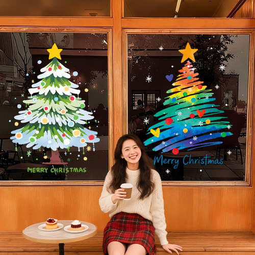 2026圣诞节装饰品静电玻璃贴纸圣诞树门窗户氛围场景布置窗贴装扮