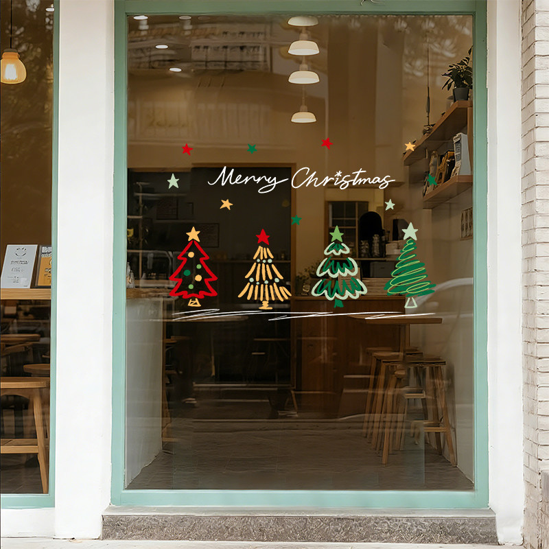 圣诞节装饰品玻璃门贴纸静电贴门店氛围装扮场景布置耶诞树橱窗贴