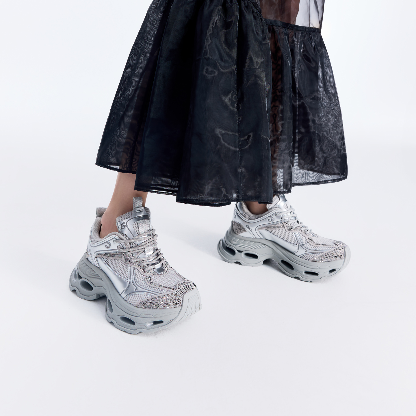 诺贝达银色复古运动增高老爹鞋