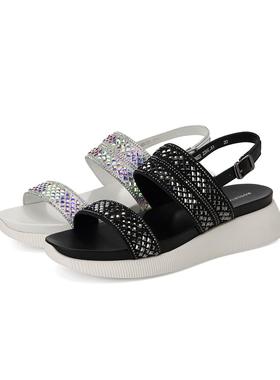 专柜正品Roberta诺贝达女鞋RM08022坡跟厚底仙女银色水钻罗马凉鞋