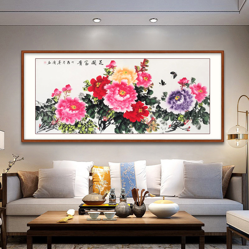 中式手绘牡丹国画装饰画客厅风水挂画新中式花鸟风格已裱实木框