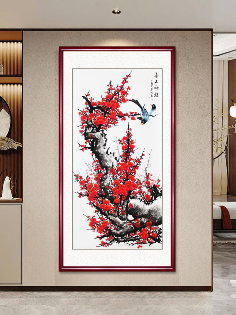 喜上眉梢玄关装饰画手绘国画梅花花鸟画水墨画客厅挂画红梅报春图