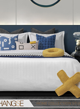 尚塞布艺蓝色系样板房卡通XO字母男女儿童房新房展厅床品套件13件