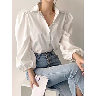 衬衫 小众简约纯色单排扣翻领宽松显瘦百搭泡泡袖 法式 韩国chic春季