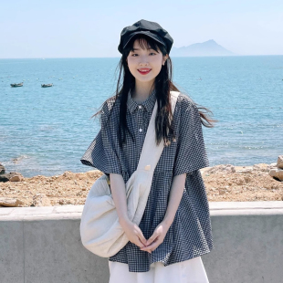 黑白格子衬衫女款夏天薄款短袖夏季女小个子2026新款休闲日系衬衣