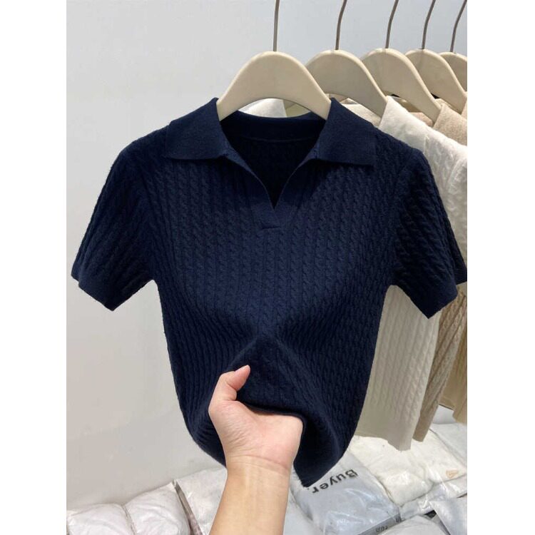 藏青色复古麻花polo衫针织衫短袖女夏季新款正肩V领修身短款上衣