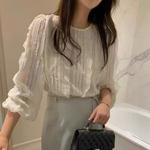 韩国chic秋季甜美竖条纹荷叶边肌理感蕾丝花边长袖衬衫女洋气上衣