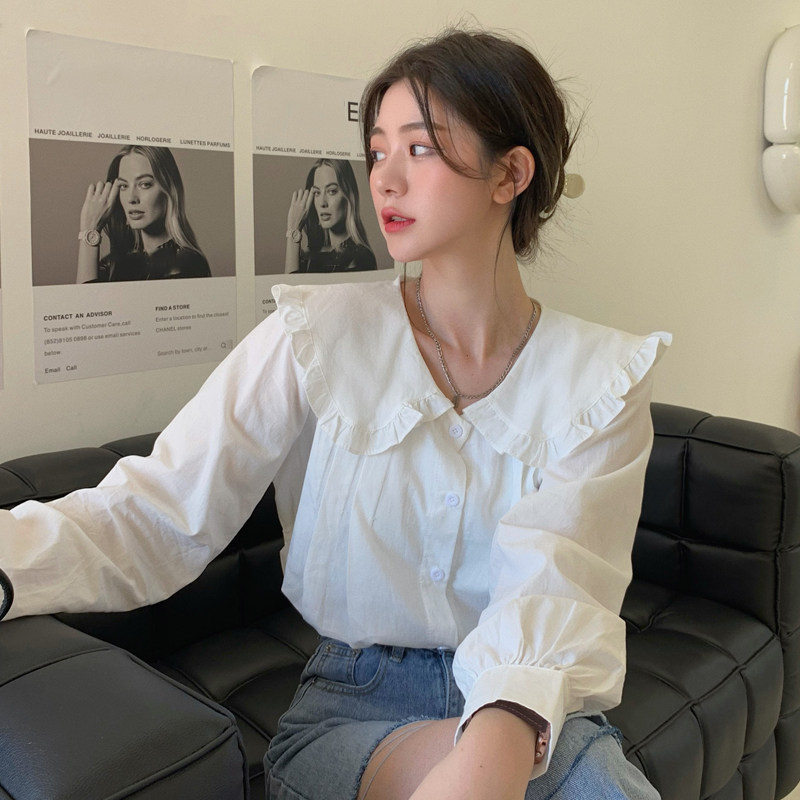 法式别致白色娃娃领衬衫女2025春秋甜美长袖荷叶边衬衣泡泡袖上衣,女装/女士精品,衬衫,淘宝优惠券,粉丝福利购,淘宝优惠卷