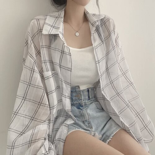 韩国chic夏季法式慵懒风翻领宽松休闲薄款长袖格子防晒衬衫外套女