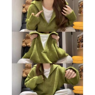 超好看复古冬季软糯翻领毛衣女慵懒宽松针织衫绿色高级感上衣外套