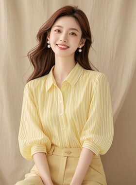 黄色polo领条纹薄款防晒半袖衬衫独特超好看上衣春季女2026新款夏