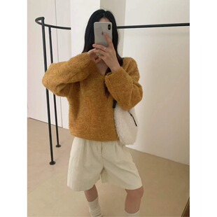 韩系温柔感宽松慵懒V领套头毛衣秋冬内搭橘色花纱毛绒感针织衫女