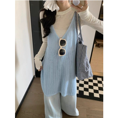 韩系v领网格镂空针织马甲女夏中长款叠穿无袖罩衫外搭开叉背心裙
