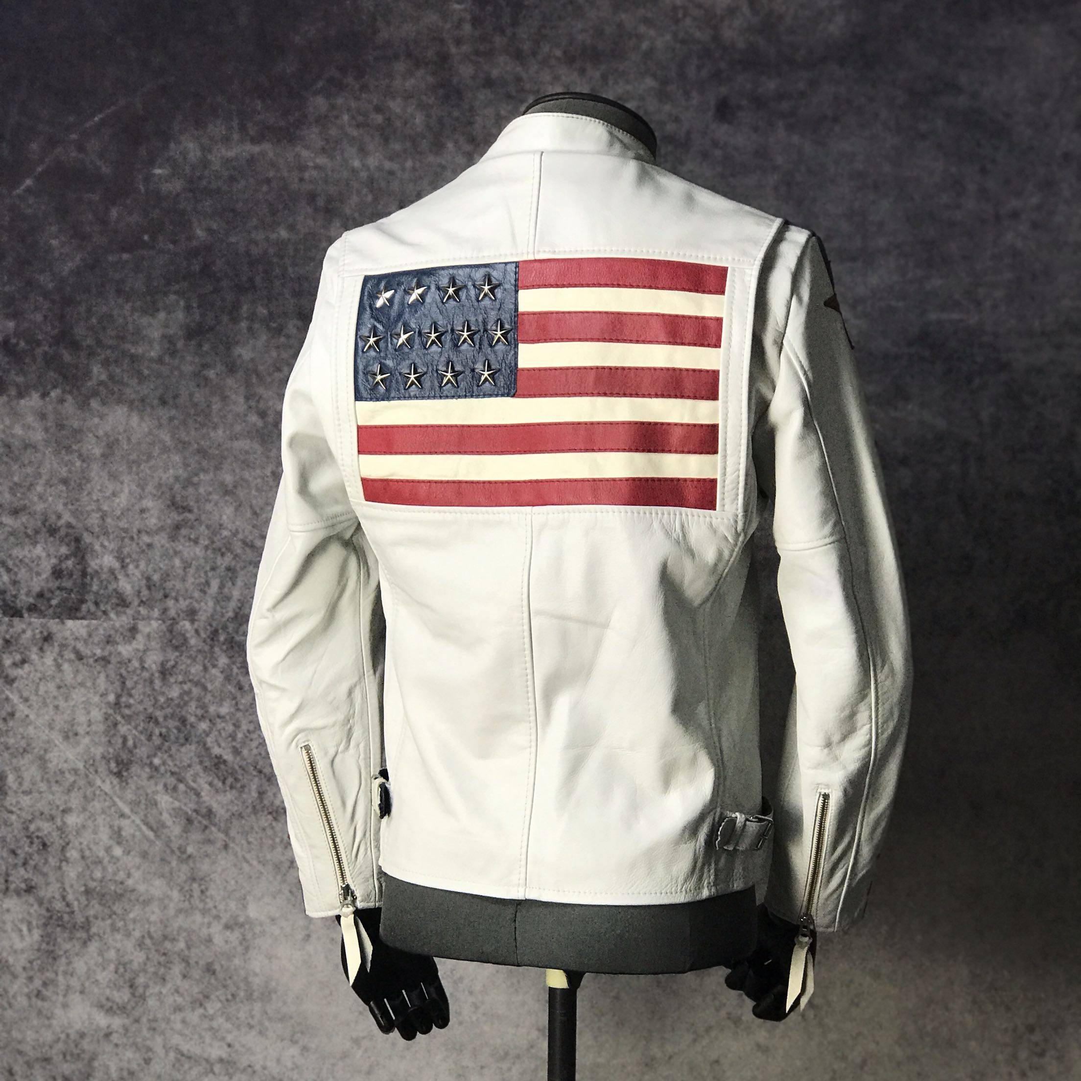 仅几件白色短款美式公路机车皮衣经典款男修身复古摩托夹克软牛皮