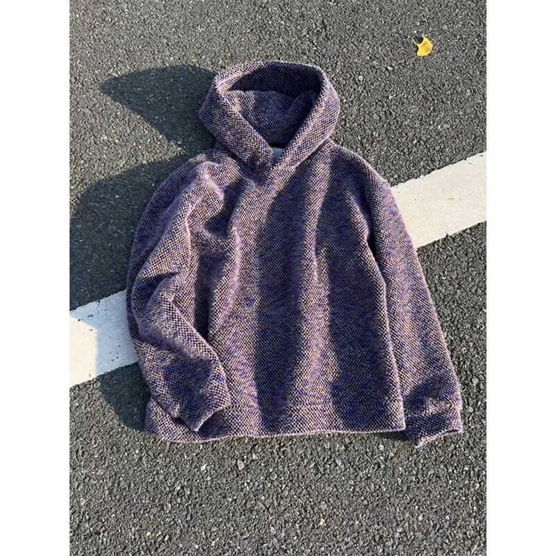 莫奈紫毛绒绒针织卫衣男款秋冬季懒惰松弛感连帽衫高级感情侣外套