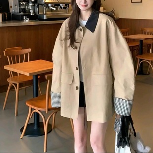 Store Skk 高智巴恩风 卡其色风衣撞色格纹拼接短款宽松外套女秋