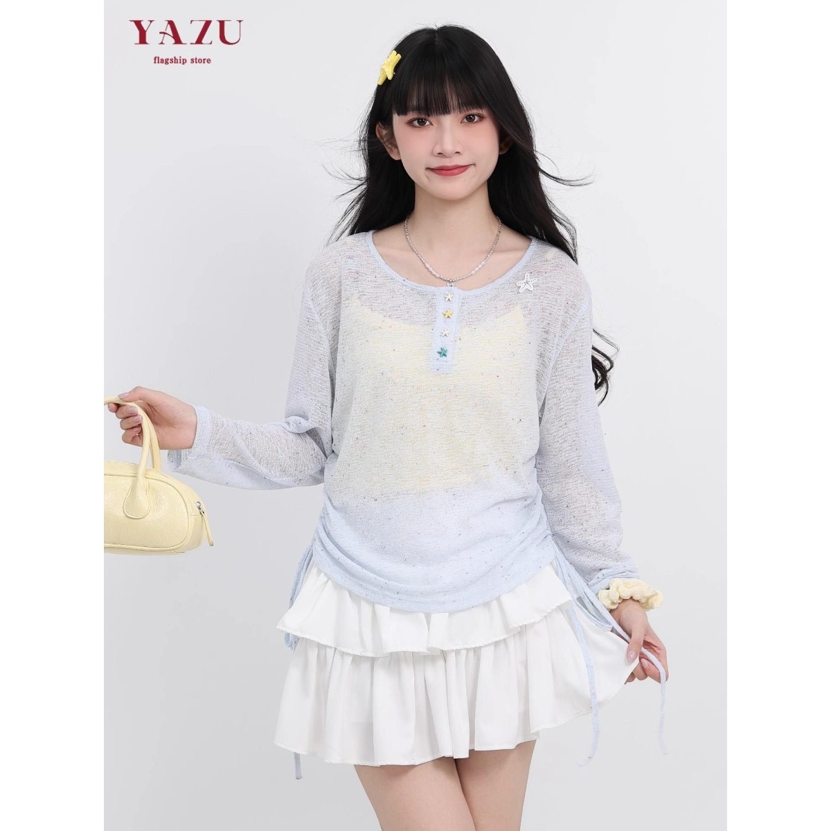 原版面料 韩系蓝色防晒罩衫女夏慵懒设计感宽松休闲微透针织上衣