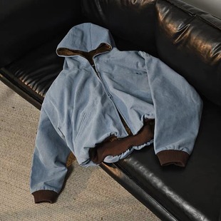 美式复古拉链连帽牛仔棉衣外套男女春秋冬季加绒加厚工装夹克棉服