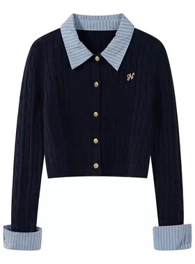 假两件学院风毛针织衫女拉谷谷春秋新款拼接条纹立领开衫