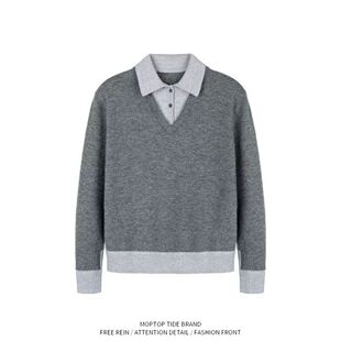 美式复古假两件系POLO领毛衣男款秋季高级感学院风老钱风上衣高街