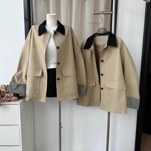 Skk Store高智巴恩风 卡其色风衣撞色格纹拼接短款宽松外套女秋