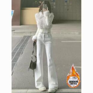 美式高街复古大码胖mm百搭显瘦高级感加绒加厚弹力牛仔裤女微喇裤