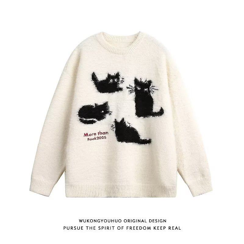 圆领毛衣男款秋季潮牌小猫针织衫上衣大码宽松休闲无帽外套