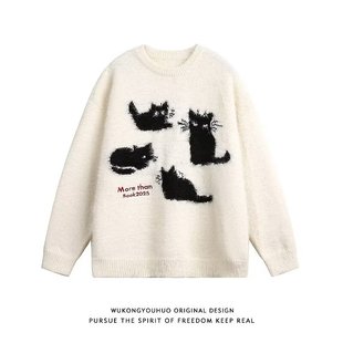 圆领毛衣男款秋季潮牌小猫针织衫上衣大码宽松休闲无帽外套