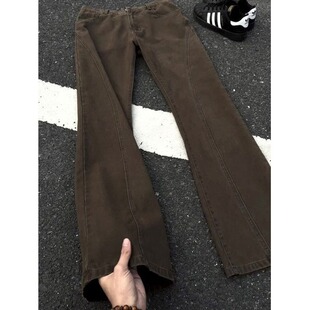 美式复古咖啡色斜切加绒牛仔裤男款美式高街潮牌弯刀裤直筒微喇裤