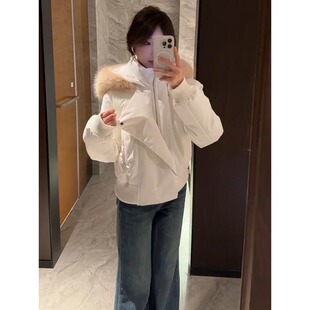 韩版时尚风短款毛领连帽棉服外套女冬季氛围感宽松暖和夹克服上衣