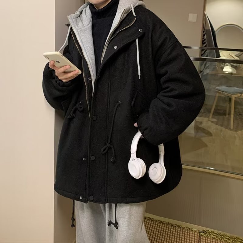 冬季加厚毛呢外套男潮ins港风连帽呢子大衣中长款潮牌假两件棉服