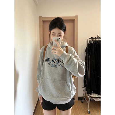 重磅纯棉银狐绒加厚灰色连帽卫衣女2025新款设计感小众美式外套潮