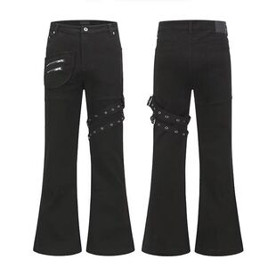 小个子黑色侧边绑带微喇牛仔裤女秋季2023年新款设计感高腰喇叭裤