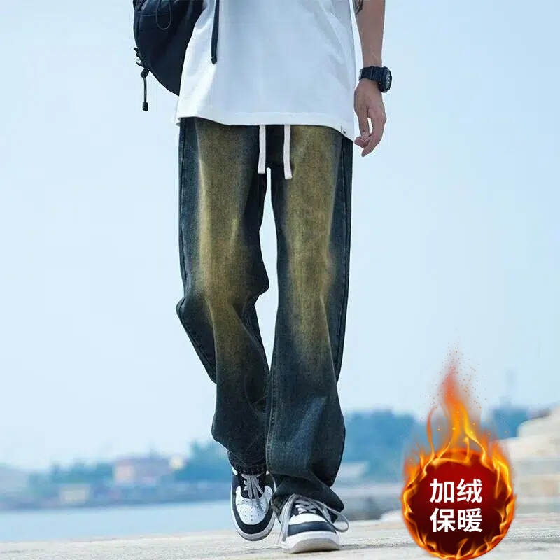 614-1原版质量加绒复古蓝直筒牛仔裤