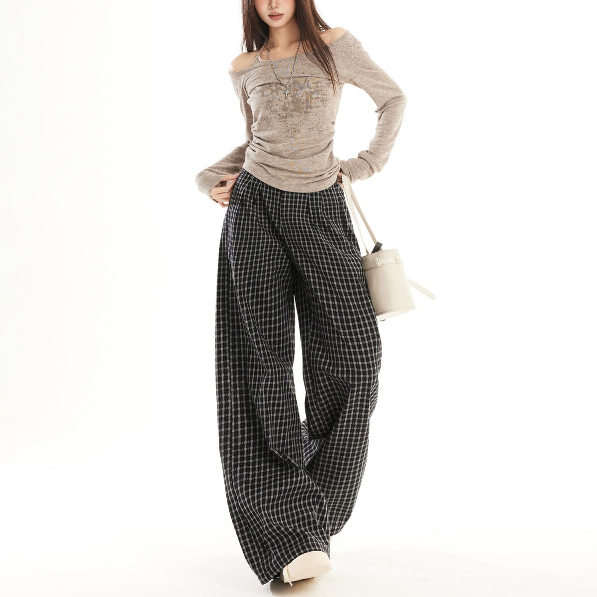 美式复古格子休闲裤女春季新款中性高腰宽松显瘦慵懒风直筒裤子男