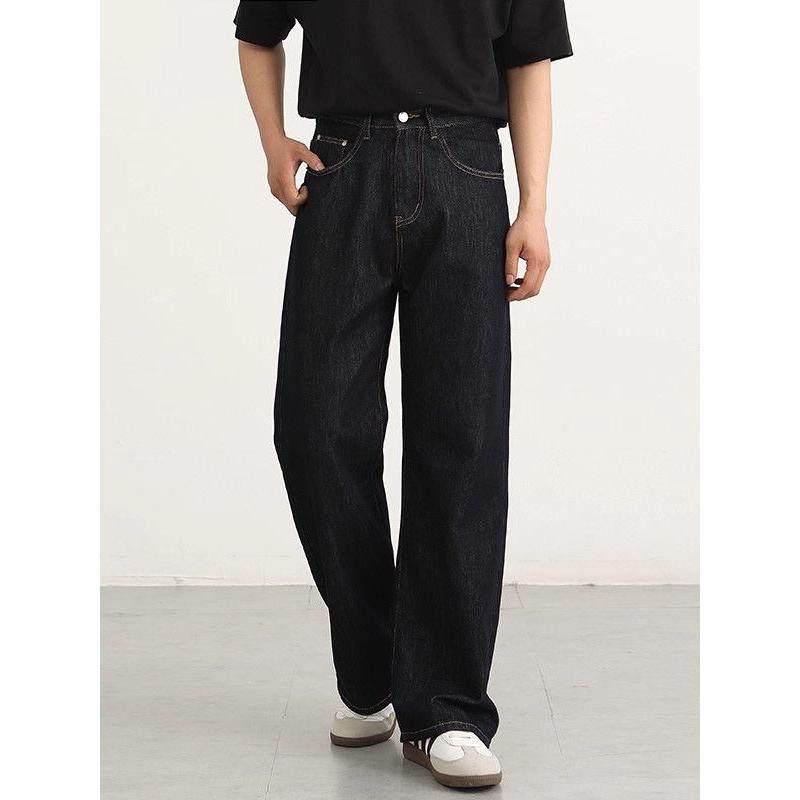原牛黑色明线高腰牛仔裤男直筒宽松休闲高级垂感长裤美式阔腿裤子