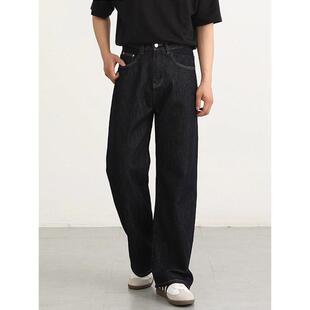 原牛黑色明线高腰牛仔裤男直筒宽松休闲高级垂感长裤美式阔腿裤子