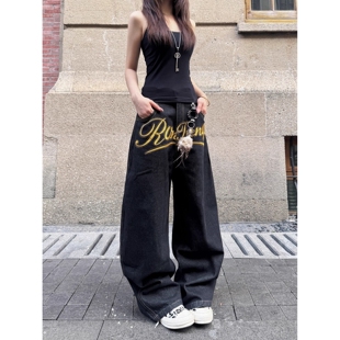 x不是好人 美式覆古字母刺绣牛仔裤男女2025新款宽松拖地裤阔腿裤