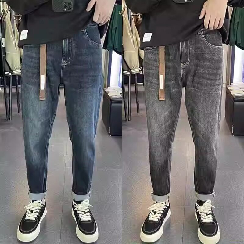 2025男新款刮烂牛仔裤做旧复古蓝色立体剪裁显瘦微锥形弹力小脚裤