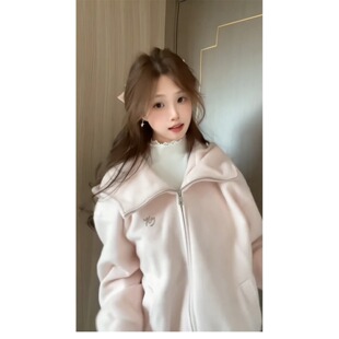 粉色连帽外套女秋冬季2025今年流行爆款巨好看短款加厚卫衣
