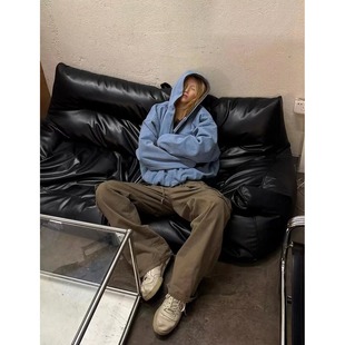 美式复古拉链连帽牛仔棉衣外套男女春秋冬季加绒加厚工装夹克棉服