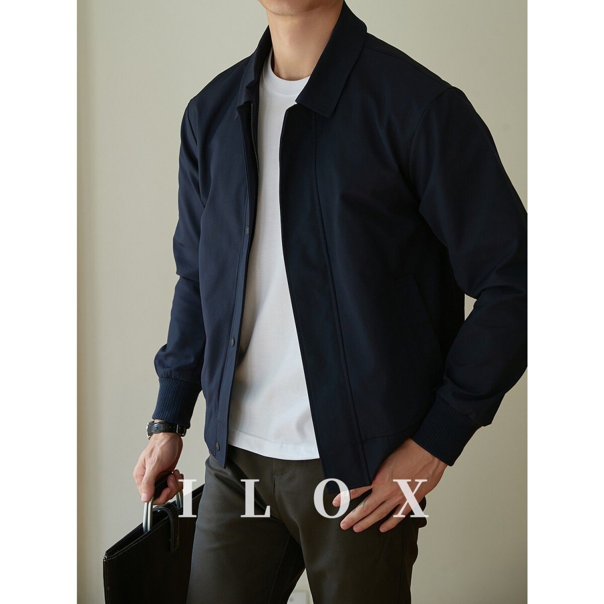 春秋款美式行政风夹克纯色设计感拉链外套翻领男士宽松男装潮帅气