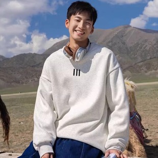 恤冬季 潮牌港风长袖 宽松加绒上衣 复古卫衣男春秋新款 重磅刺绣美式