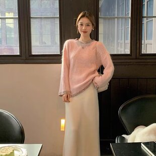 法式高级感温柔粉色花边套头毛衣女秋冬软糯奶呼呼慵懒风气质上衣