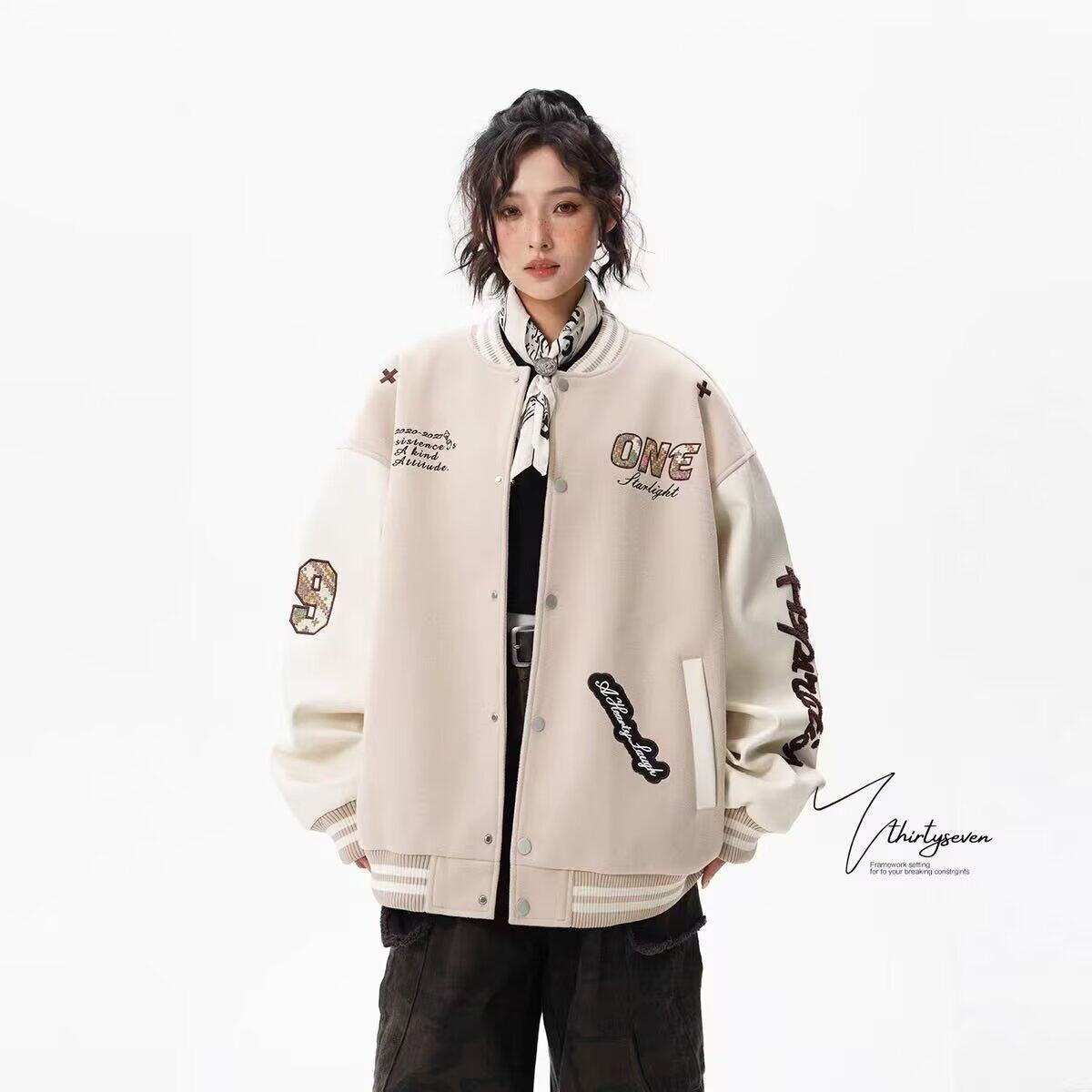 国潮情侣原创美式编织贴布刺绣字母棒球服夹棉夹克外套女