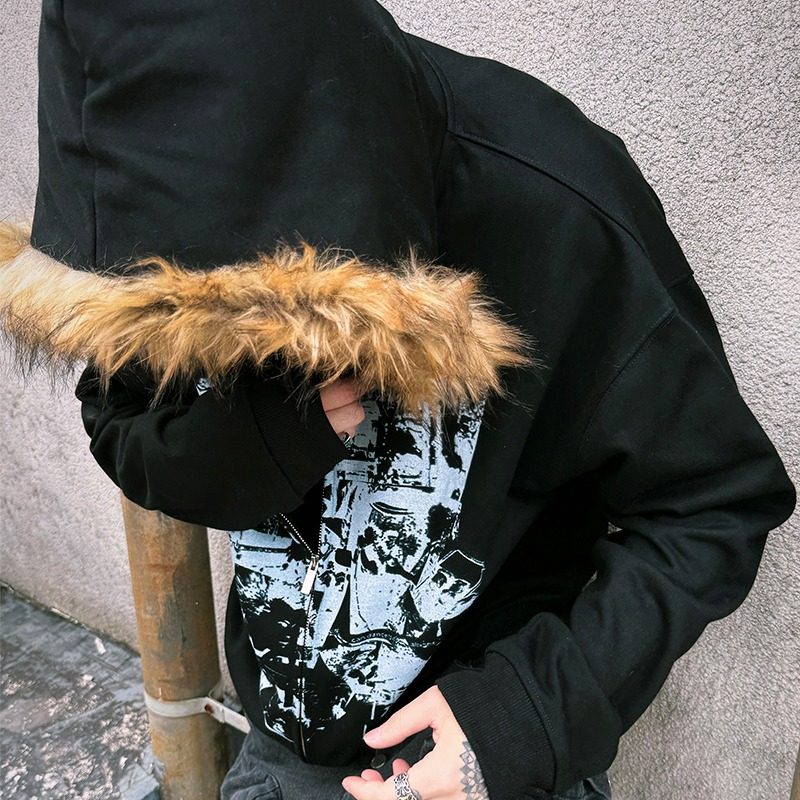 PAIKI摇滚乐队vintage印花金貉长毛领修身连帽拉链开衫卫衣外套男