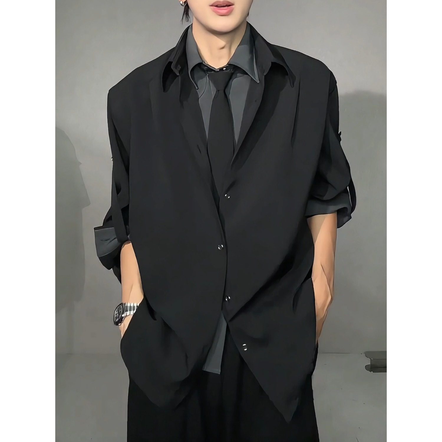 假两件拼接领带设计感衬衫男款早秋季高级感衬衣外套痞帅休闲西装