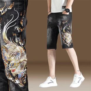 2021潮流休闲五分中裤 牛仔短裤 男士 薄款 子5 男欧美刺绣ins潮牌夏季