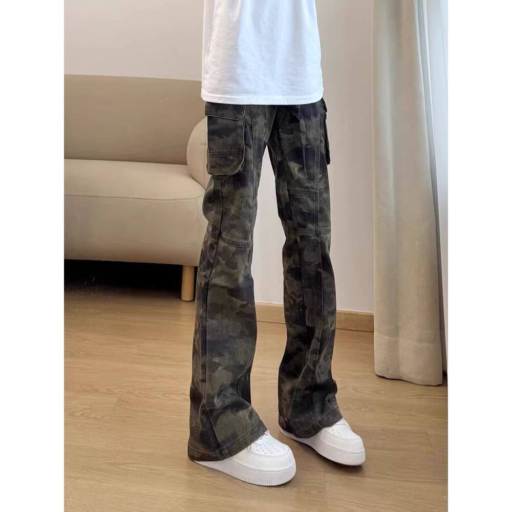 美式高街修身微喇牛仔裤男女款设计感工装裤子嘻哈hiphop迷彩长裤